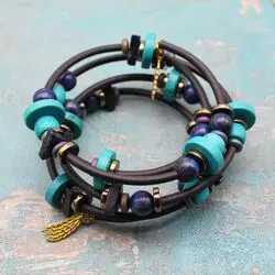 Браслет намотка из каучука и натуральных камней бирюзы и лазурита