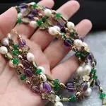 Ожерелье из аметиста, жемчуга, зеленого агата