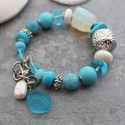 Браслет из бирбзы, жемчуга, аквамарина