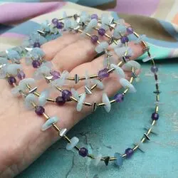 Длинное колье с аквамарином и аметистом